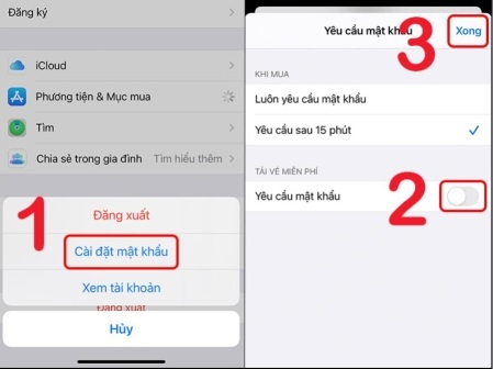 Bước 2: Cài đặt mật khẩu => tại mục Yêu cầu mật khẩu, gạt công tắc sang trái để tắt tính năng này => Xong